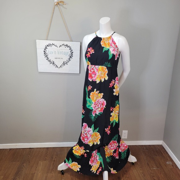 Old Navy Maternity Floral‎ Maxi Dress Halter Neck Black Sleeveless Bohemian Sz S - Picture 1 of 9